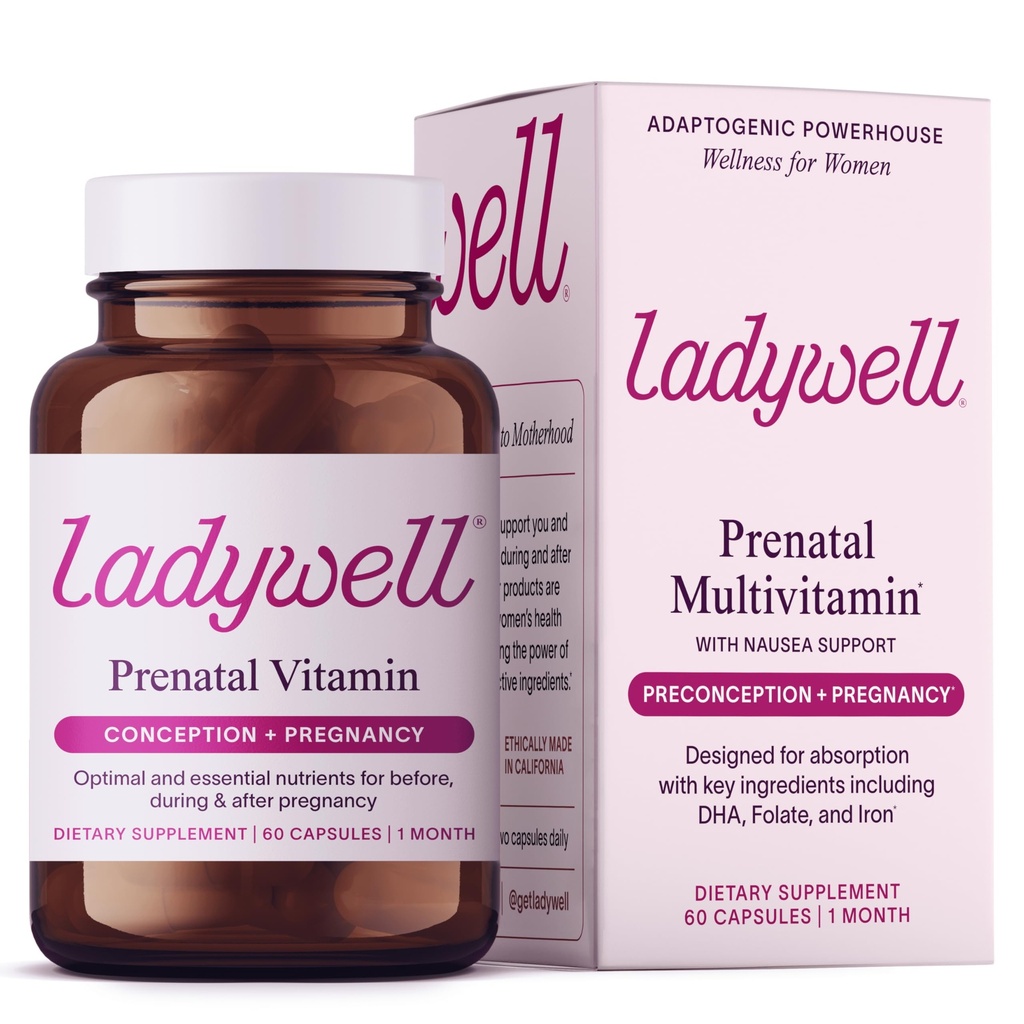 Ladywell Prenatal Multivitamin 124; Koncepce, Těhotenství a Postpartum 124; Klíčové složky včetně DHA, Folát & Železo 124; Experimentální a testované 124; Určeno pro absorpci s Nausia Podpora, 60 Ct