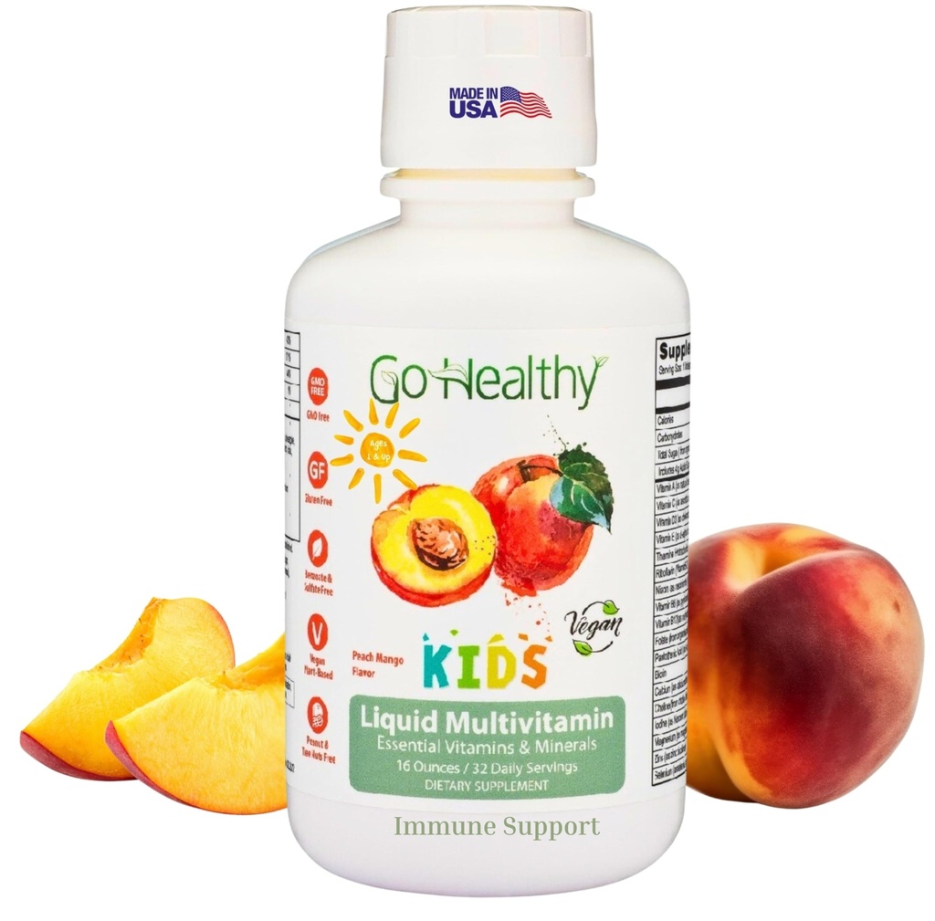 Jděte zdravé děti tekuté multivitamin, imunitní podpora, Kid tekuté multivitaminy, vysoké absorpční veganské vitaminy, děti vitamíny Multivitamin Peach Mango - 30-60 Služeb