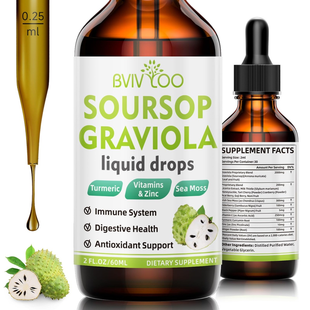 Soursop Graviola Liquid Drops - 2000mg Čisté Soursop Extract Směs s 300mg Moss Moss & 100mg Elderberry - Výkonná buněčná podpora, Antioxidant- Rich, Immune- Boosting - 2 Fl Oz (60ml) Lahev
