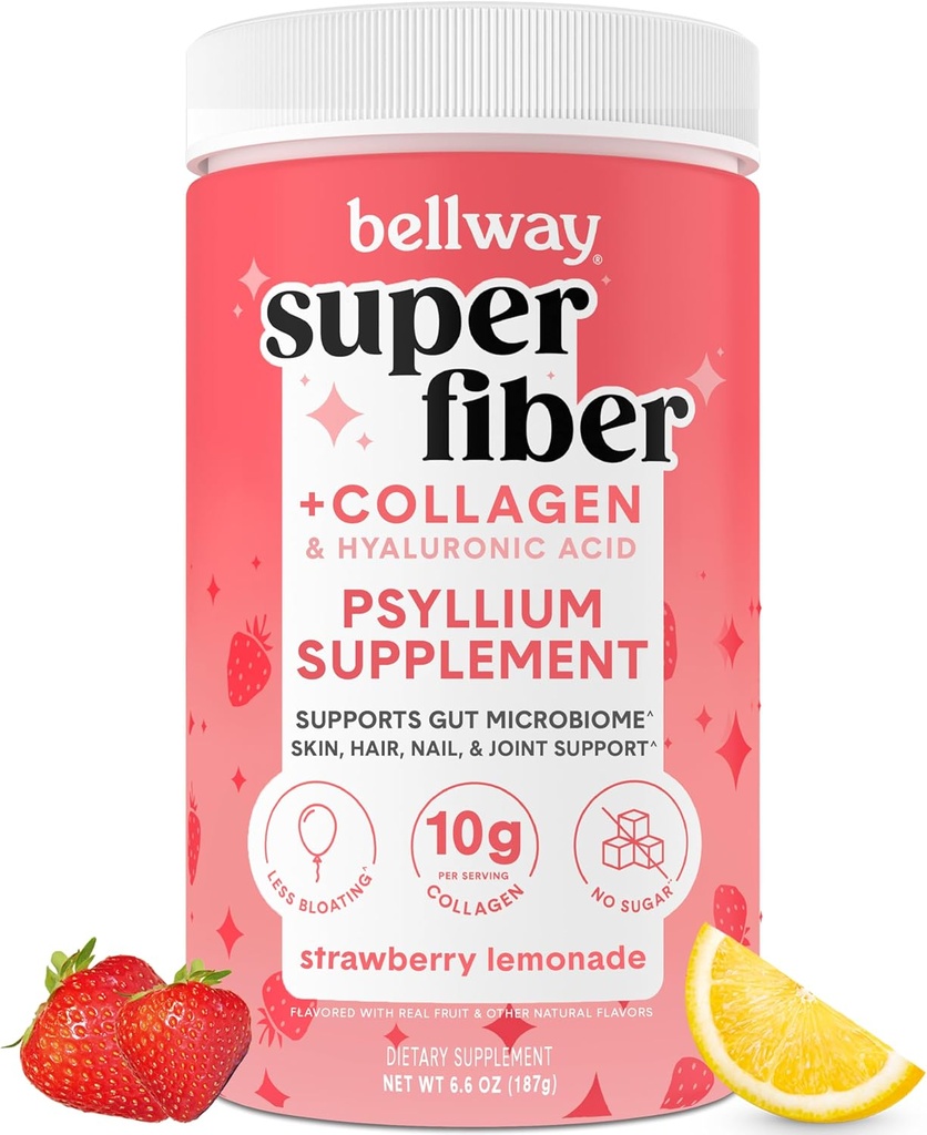 Bellway Super Fiber Powder + Collagen, Sugar- Free Psylium Husk Powder with Collagen Peptides and Hyaluronic Acid for Gut Health, Health Skin, Hills, Bones & Joints, Strawberry Lemonade (11 Služeb)