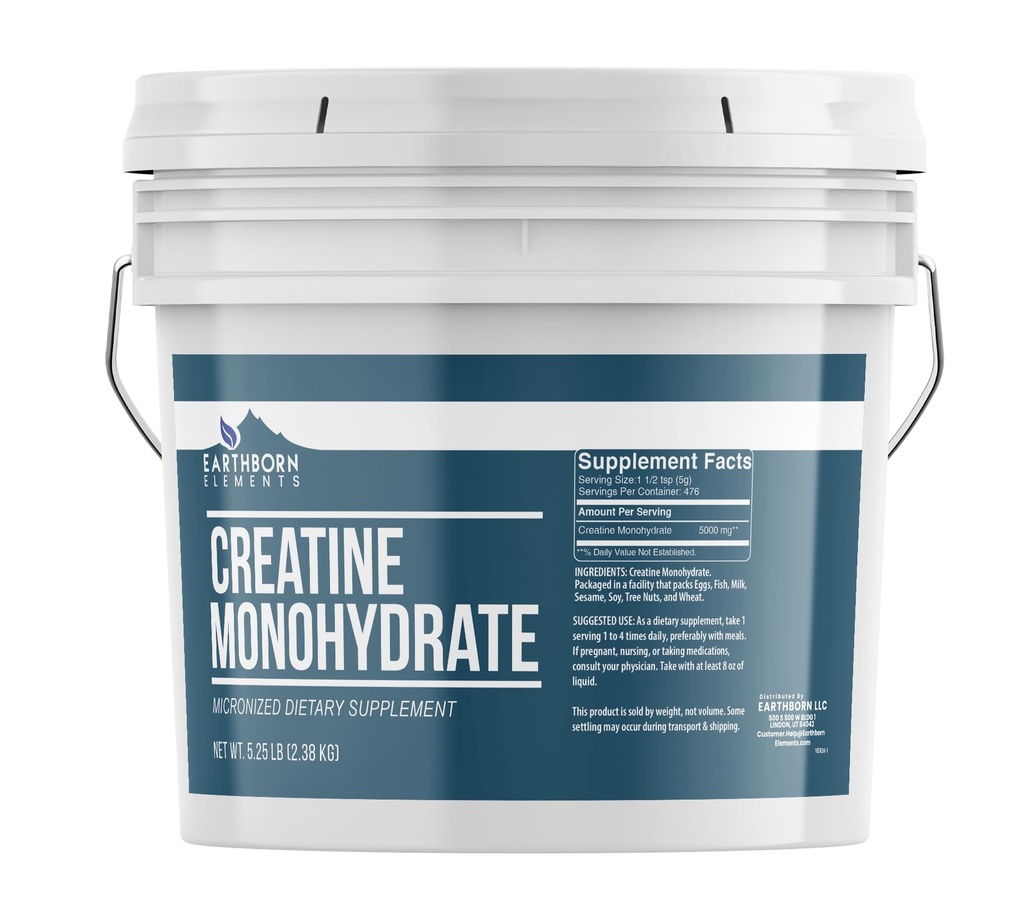 Pozemské prvky Creatine Monohydrát Powder 1 Gallon Bucket, Mikronizované a bez příchutí, Dietní dodatek, Žádné přísady (84 Ounce)