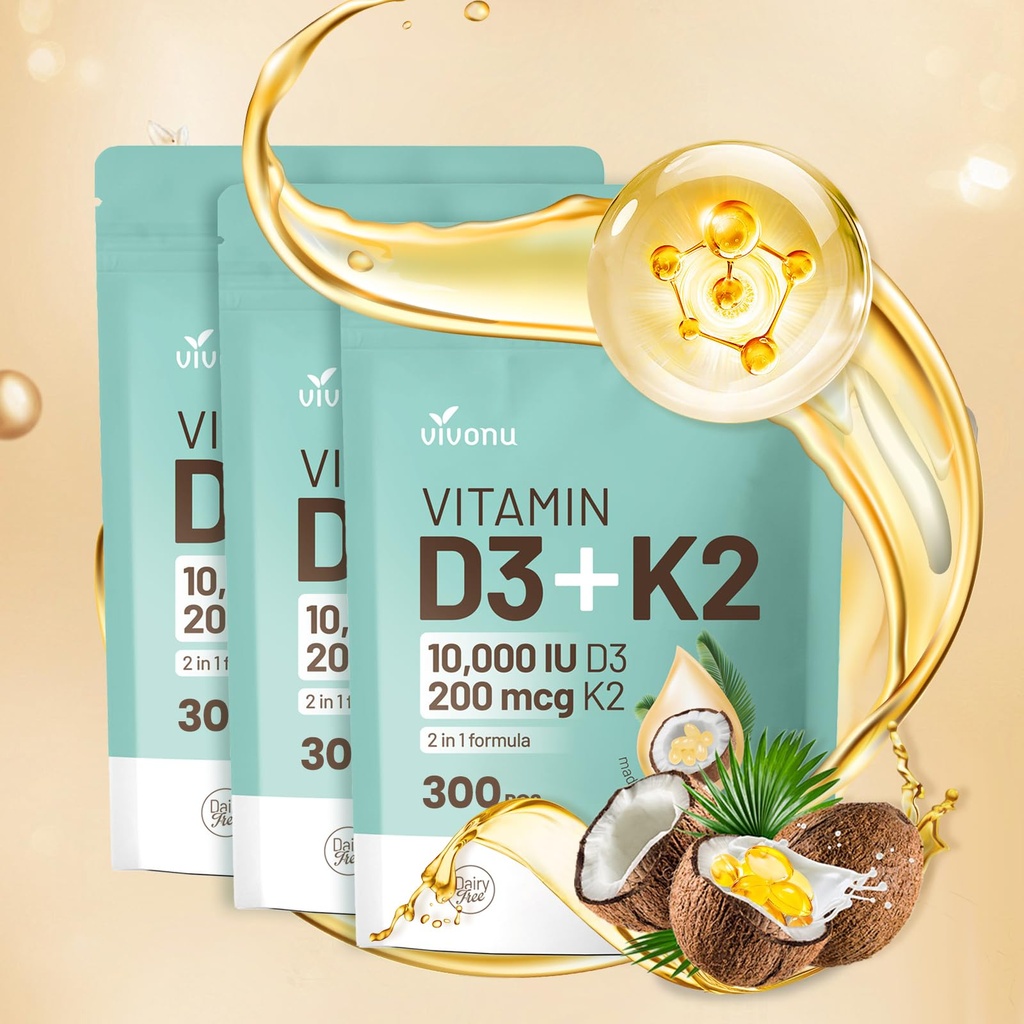 Vitamin D3 10000 iu Plus K2 (MK-7) 200 mcg, 300 Coconut Oil Softgels CLAS124; 2 in 1 VIT D & K Complex CLAS124; Podporuje absorpci vápníku, kosti, imunitní, & Heart Health - Snadno spolknout (900 Softgels / 3 Bag)
