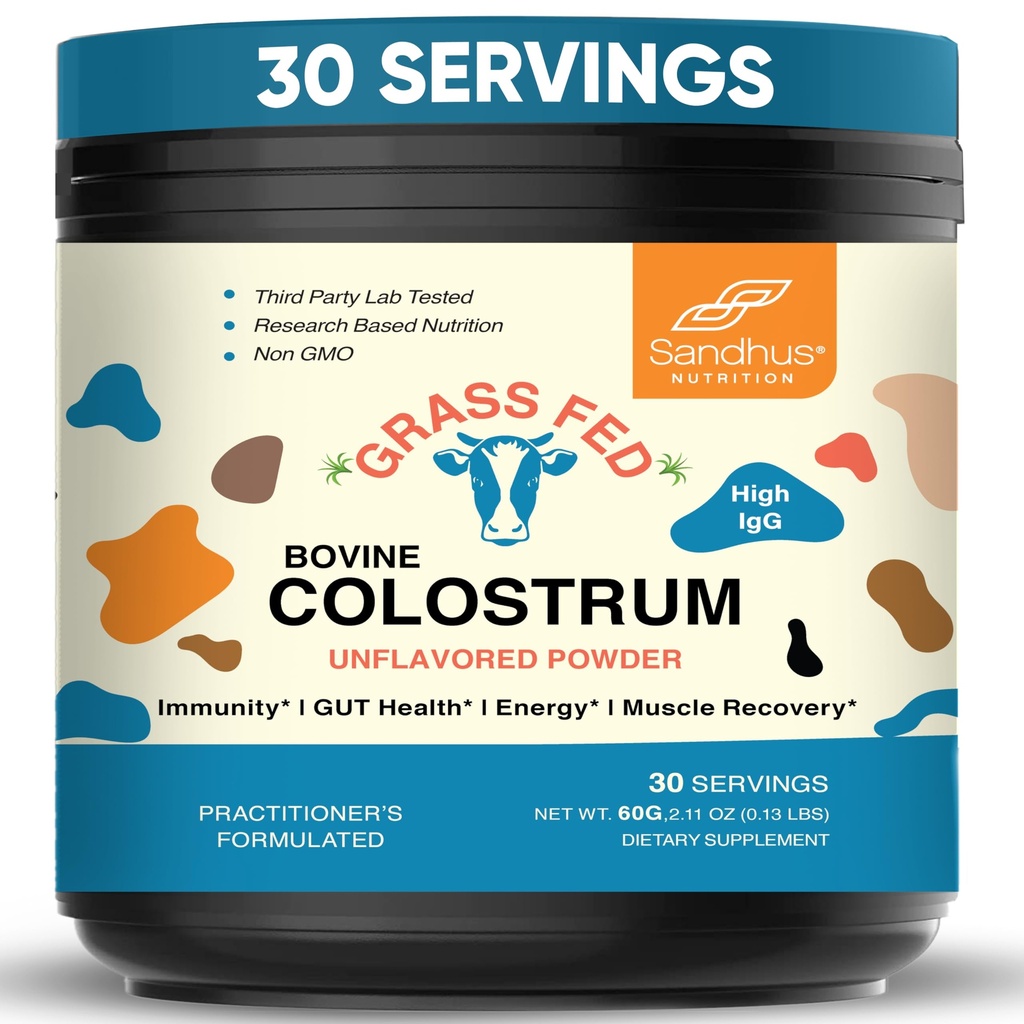 Sandhu 's Grass Fed Bovine Colostrum Powder for humans, Dospělí 124; 30 Servings (Pack of 1) Doplněk pro krávy 124; High IgG for Gut Health PHAR124; Imunity & Muscle Recovery Support PHAR124; Neochucené 124; pro muže a ženy