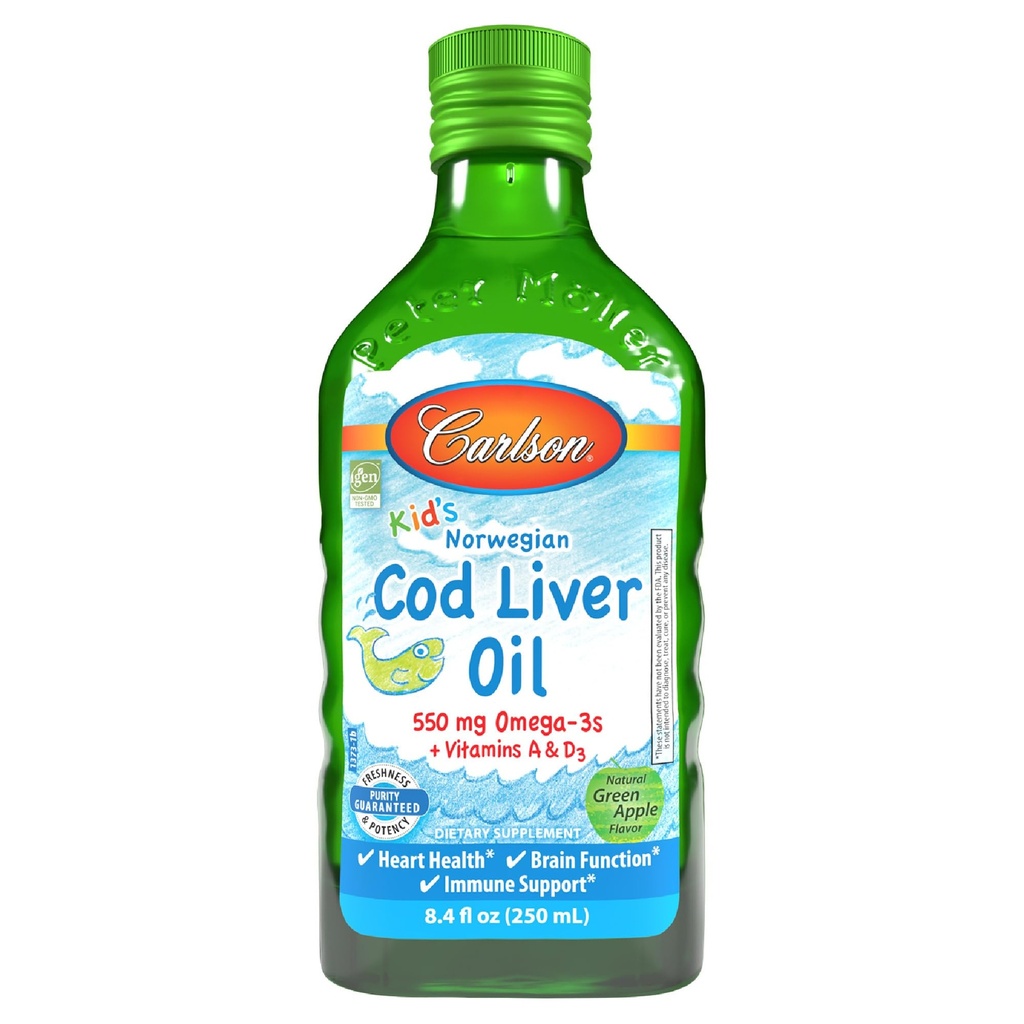 Carlson - Kid 's Cod Jaterní Oil, 550 mg Omega-3s, Plus vitaminy A a D3, Liquid Fish Oil, Wild Caught Nord Arctic Cod, Sustainable Sourced Nordic Fish Oil, Green Apple, 250 ml (8.4 Fl Oz)