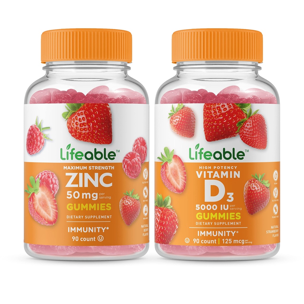 Živý zinek 50 mg + vitamín D 5000 IU, Gummies Bundle - Velký přípitek, vitamin dodatek, gluten zdarma, GMO zdarma, Žvýkací žlab