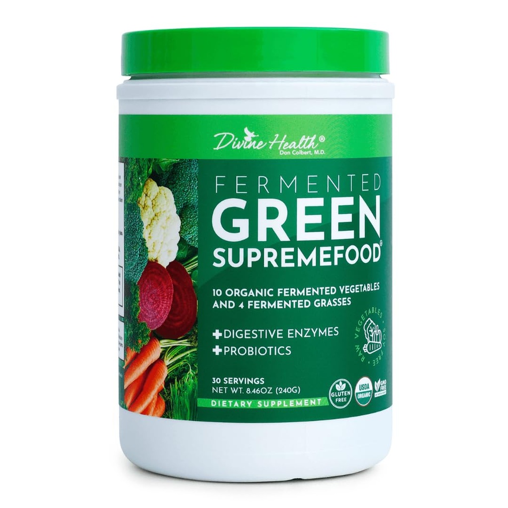Divine Health Fermented Green Supremefood PHAR124; 14 USDA Organic & Fermented Zelenina and Grasses PHAR124; Probiotika PHAR124; Enzymy PHAR124; Apple Cinnamon Flavor PHAR124; 30 Servings PHAR124; 240g