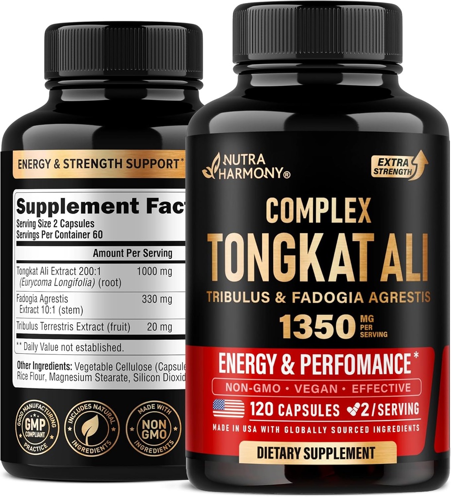 Tongkat Ali Men 1350mg Complex - Fadogia Agrestis phar124; Tribulus Terrestris - Energy, Strength & Performance Support - Extra Strength 200: 1 Extract - 3rd Party Tested, Made in USA - 120 Capsules / 2 Month