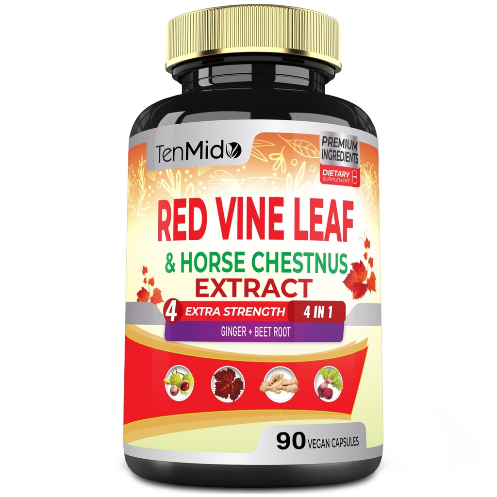 Red Vine Leaf Extract Kapsle - s koňské kaštany, řepný kořen, zázvor - Bylinný doplněk pro srdce, Leg Vegin & Energy - 90 Vegan Kapsle na 45 dní