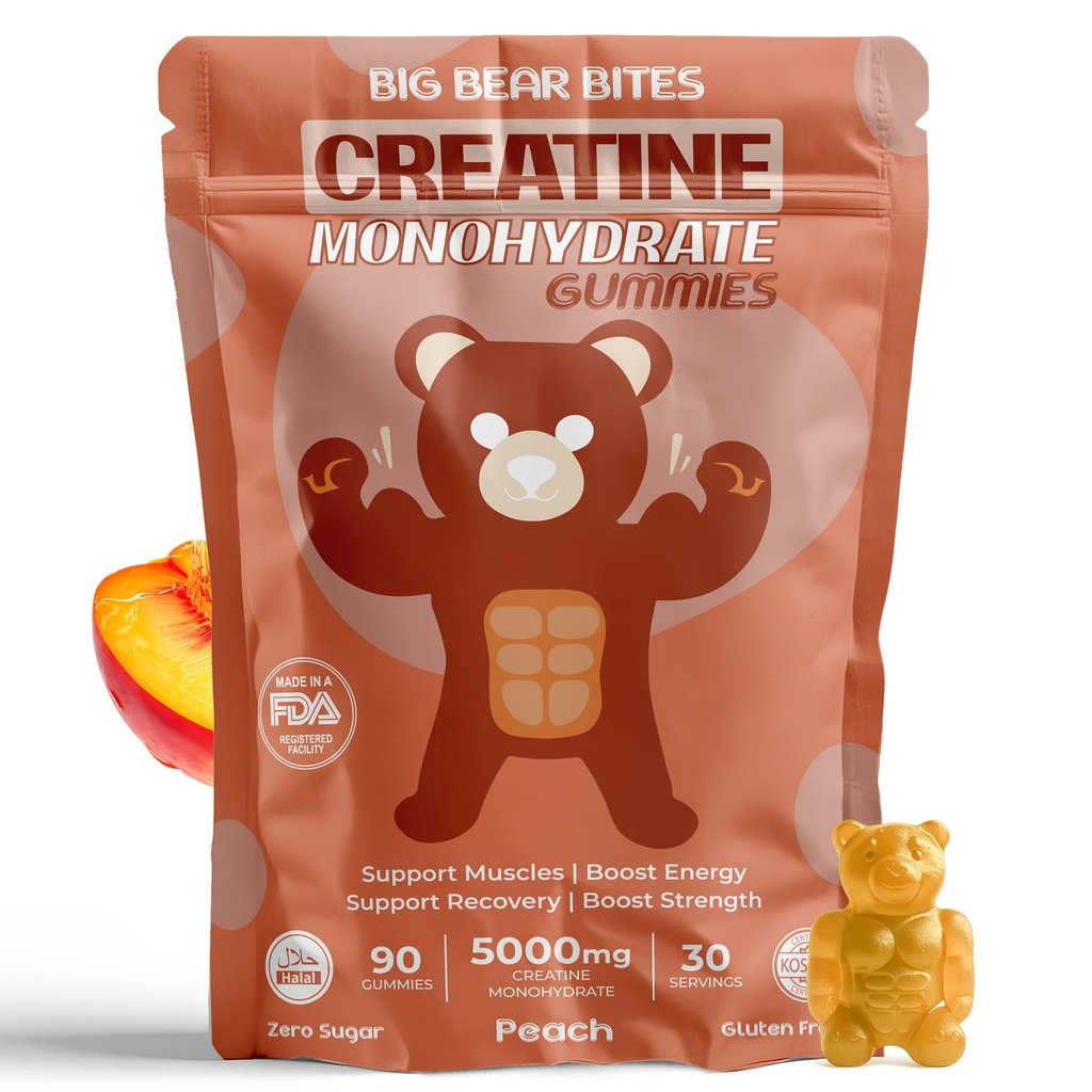 Kreatin- monohydrát gumičky pro muže a ženy 124; 5000mg Creatin- gumies per Serving Gumber 124; Cukr, Gluten Free & Halol gumies 124; Balení 90 pro Pre Workout & Muscle Recovery 124; Peach Flavor