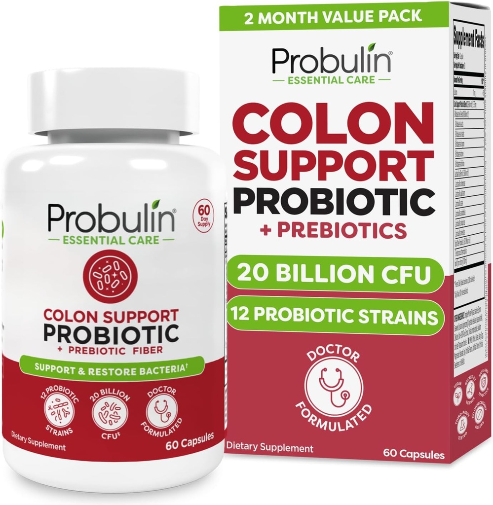 Probulin Colon Support Probiotický dodatek, Denní Gut, Stravovací, a imunitní zdraví Probiotika Kapsle pro muže a ženy, 20 Milionů CFU, Vegan, 60 Počet láhev