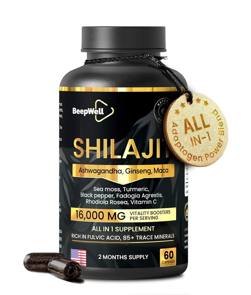 Shilajit Kapsle pro muže a ženy, 16,000mg Čisté Himalájské organické Shilajit podporuje Vitalitu a Wellness, Premium Čisté Himalájské Dodatek 2 Měsíce Dodávka, 60 Kapsle