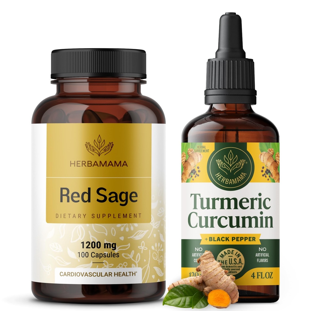 HERBAMAMA Red Sage and Turmeric Kit - Bundle of 1200 mg Red Sage Dan Shen Capsules & Turmeric Curcumin Drops 2 fl oz - Vegan, Non- GMO, Sugar & Alcohol- Free - 2 Pack