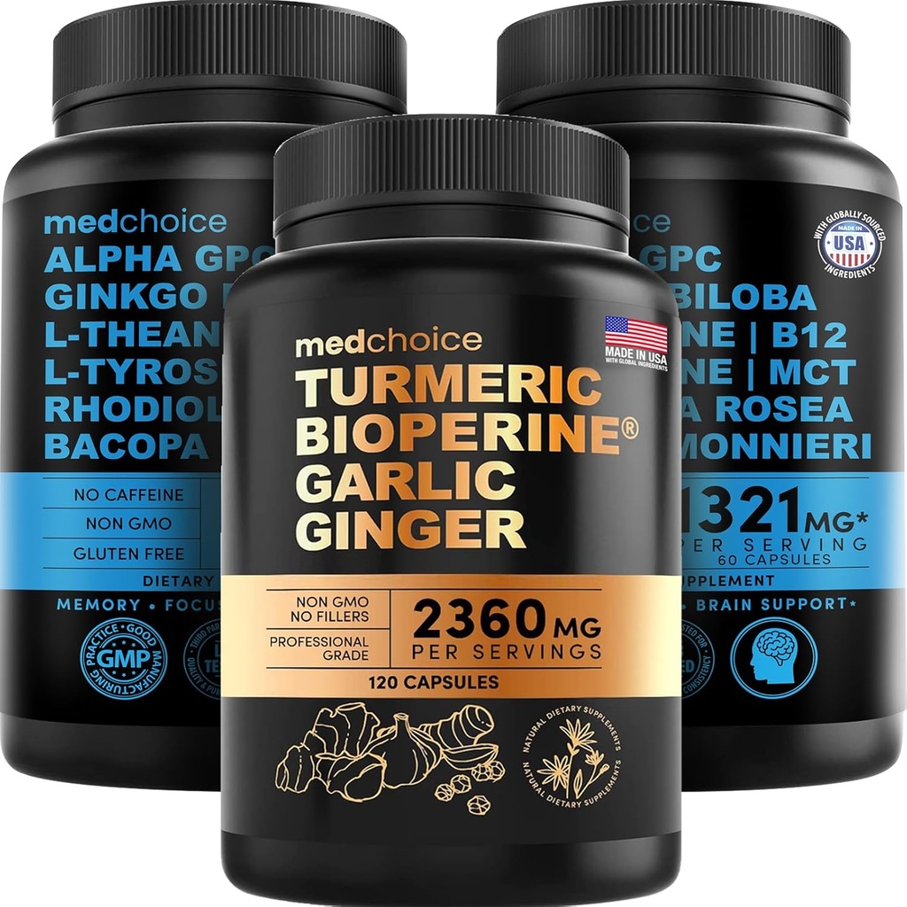 MEDCHOICE Turmeric & Ginger (120ct) a Nootroppic Brain (120ct) Supplement Bundle - Wellness Duo pro kloub, trávení, mozek, & Mood Support - Vegan, Non- GMO, gluten- Free