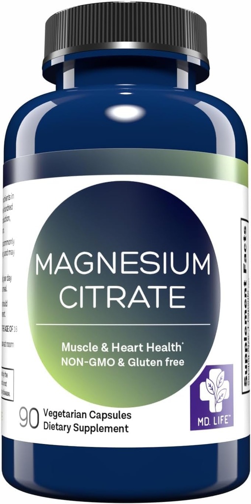 MD. Life Magnesium Citrát 250 mg - 90 Kapsle - Vysoká absorpce Magnesium Citrát Dodatek - Easy- to- spolknout Kapsle pro svalovou, nervovou, srdeční, spánkovou a kostní podporu