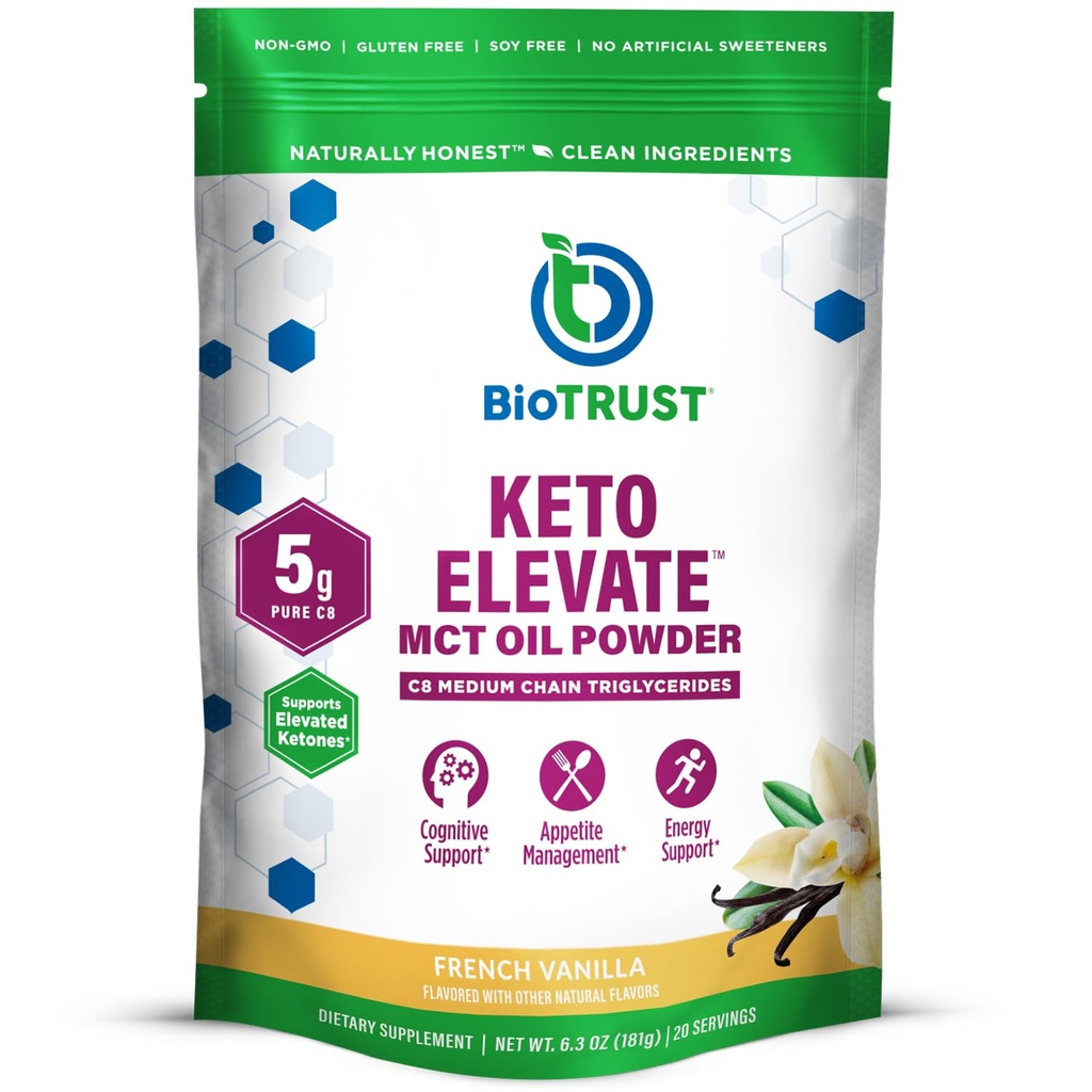 BioTrust Keto Elevate - C8 MCT Oil Powder - Ketogenní MCT Coffee Creamer, Keto Coffee Creamer - Clean Energy, Mental Focus, Clarity -100% Capyl Acid MCT Powder, Non- GMO (Francouzská vanilka, 20 Služeb)