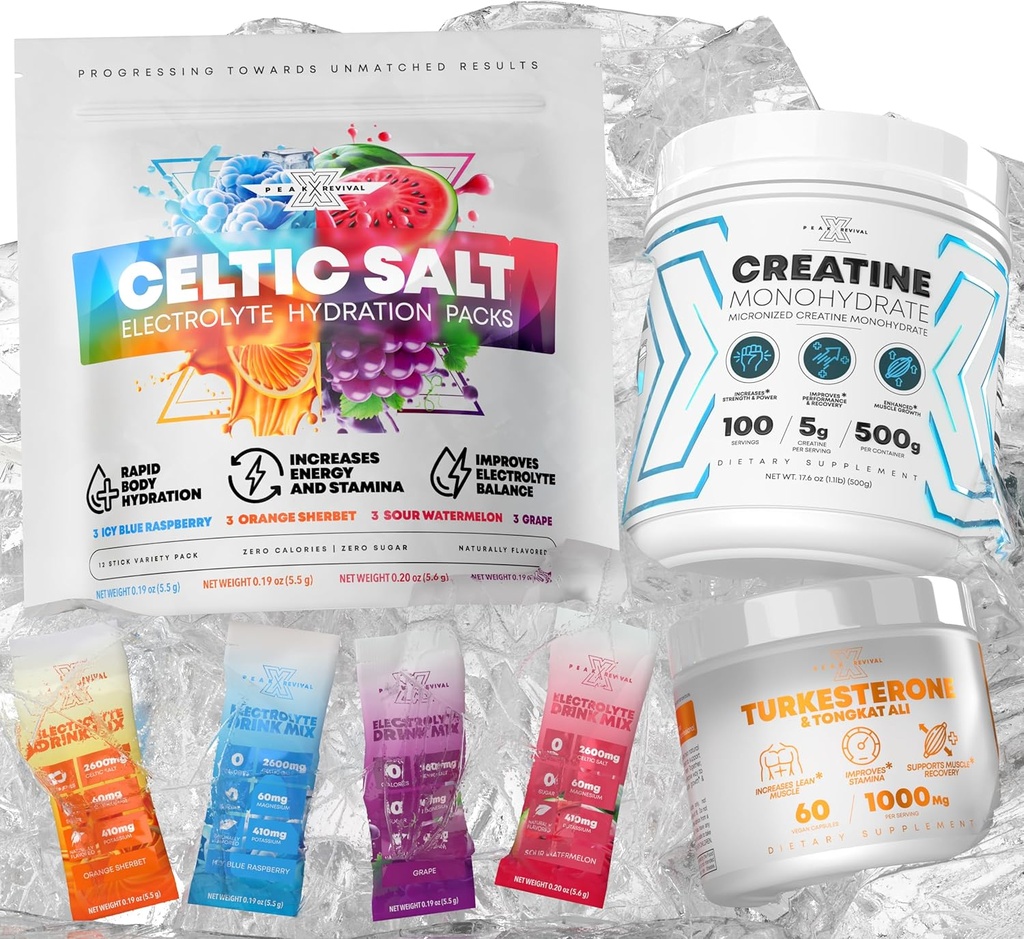 Celtic Salt Electrolytes Powder Packets + Creatine Monohydrát Prášek Dodatek + Turkesteron & Tongkat Ali 1000mg Dodatek