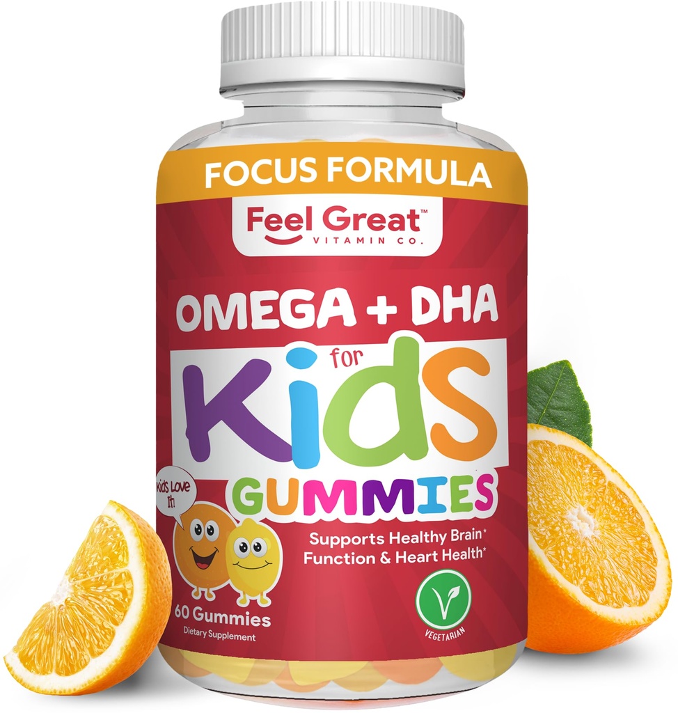 Feel Great Vitamin Co. Kompletní DHA Gummies pro děti 124; s Omega 3 6 9 + DHA, Vitamin C C124; Podporuje zdravé funkce mozku, Vize & srdce zdraví 124; Gluten zdarma, Vegetarian Gummies 124; 60 Gummies