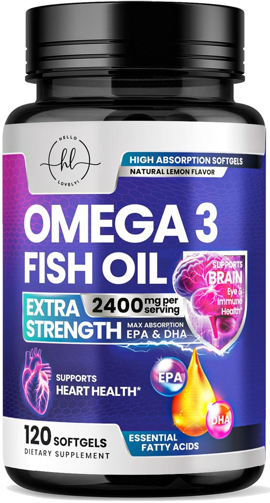 Omega 3 Doplňky rybího oleje 2400mg - Triple Strength Omega 3 Fatty Acids, Natural Heart Health Brain & Joint Support - Fatty Acids with EPA & DHA - Wild Caught Fish Oil Supplement - 120 Softgels