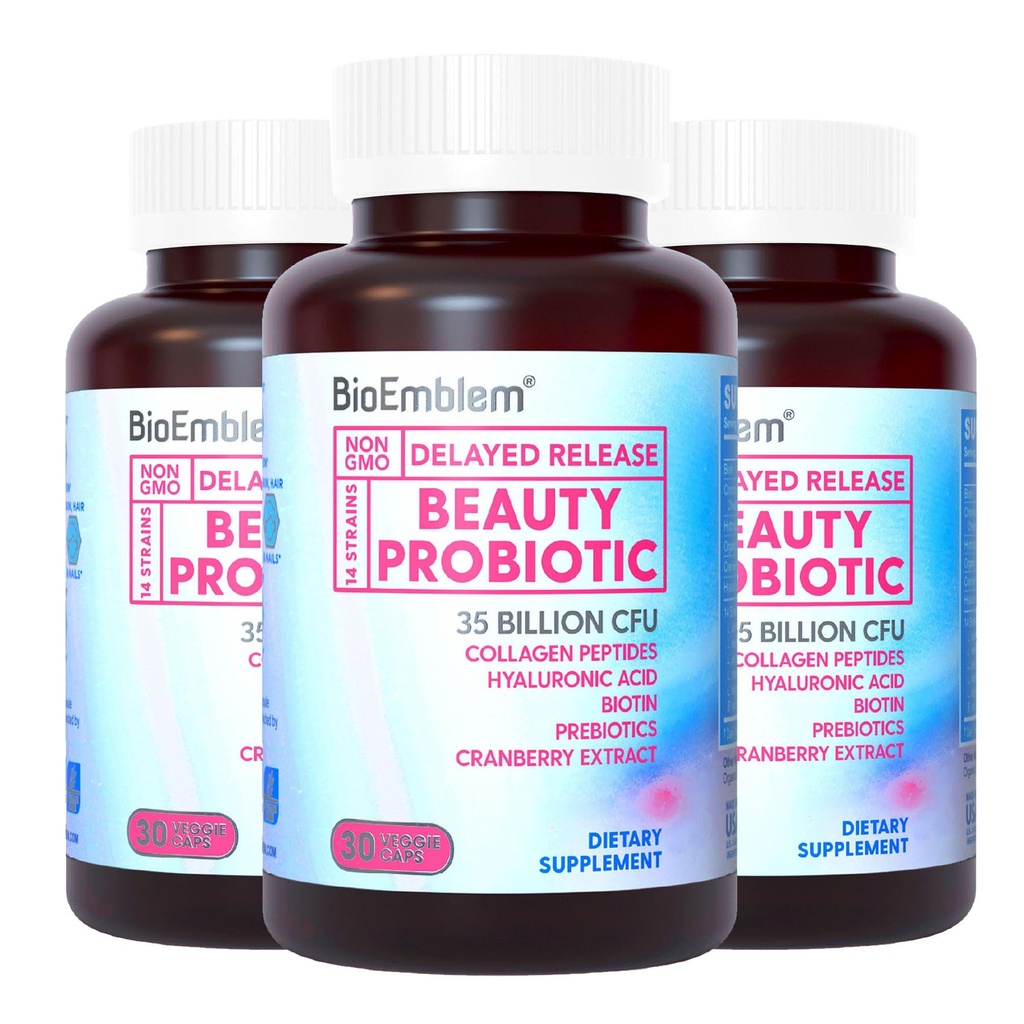BioEmlem Beauty Probiotika pro ženy, 35 Miliardy CFU 14 Strany s biotin, kolagen, Prebiotika pro stravitelné zdraví, Vlasová kůže a hřebíky, Vaginální Probiotika Dodatek, Stabilní, 90 Caps