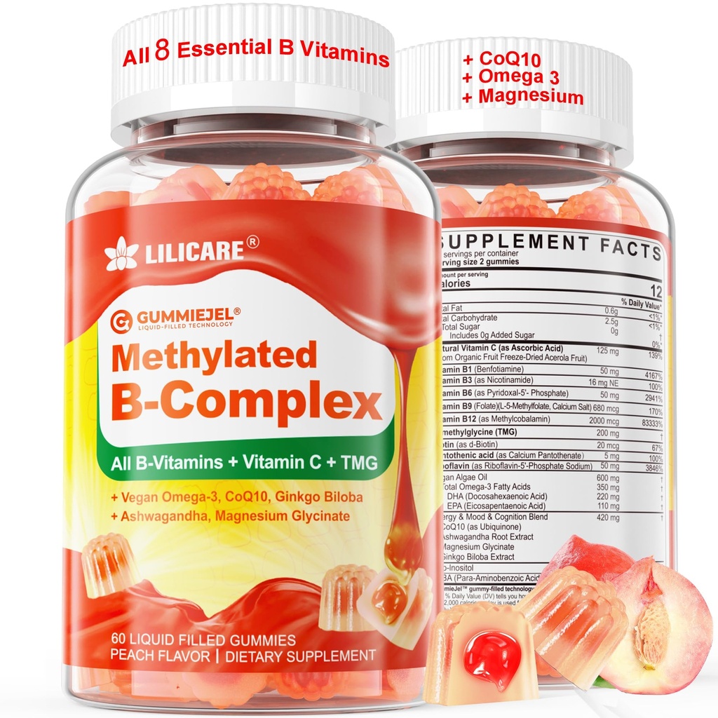 Super Metylovaný vitamin B Complex Gummies - All B Vitamíny + Omega-3, Magnesium, CoQ10, Ashwagandha, Vitamin C, TMG - Pro ženy Men- methyl B12 2000 mcg, Methylfolát, B1, B2, B3, B5, B6, B7 - Bez cukru