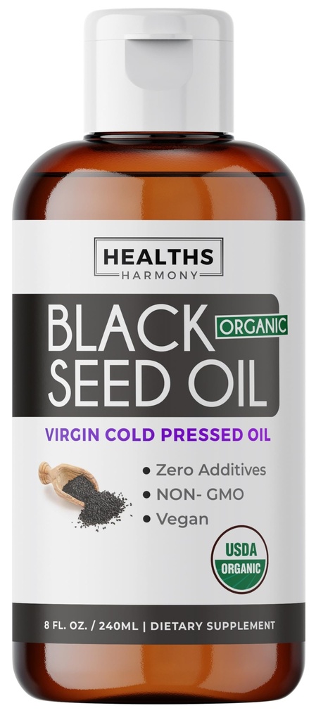 USDA Organic Black Cumin Seed Oil Liquid (8 fl oz) Premium Cold- Pressed Nigella Sativa Producing Pure - Antioxidant Supplement - Vegan, gluten- Free, & Non- GMO (No pilulky nebo kapsle)