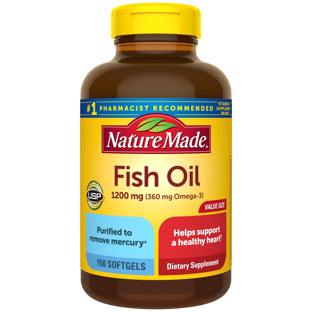 Příroda vyrobený rybí olej Omega 3 doplňky, 1200 mg Softgels, Omega 3 Fish Oil pro zdravou podporu srdce, 150 Softgeles, 75 Day Supply
