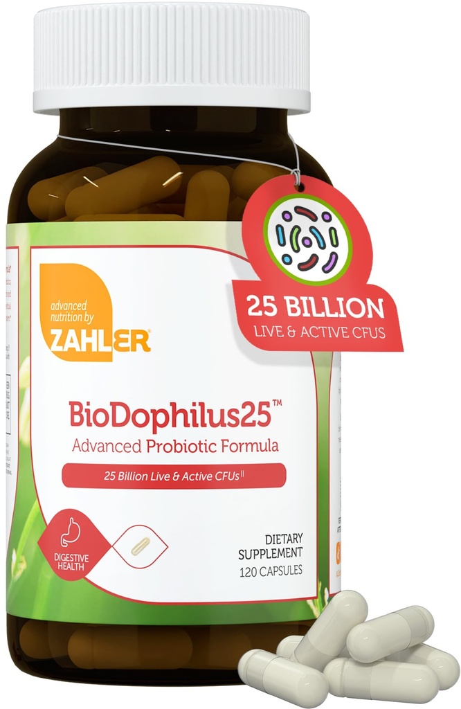 Zahler BioDophilus25, 25 miliard CFU Probiotic + Prebiotic - 11 Strains Denní Probiotický dodatek - Kosher Probiotika pro ženy pro stravovací zdraví, Probiotika pro muže pro Gut zdraví (120 Kapsle)