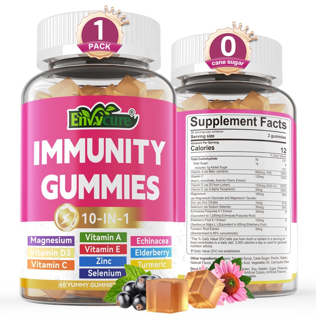 10 v 1 Imunitní Supplement Gummies, w / Echinacea, Elderberry Vitamin C a zink, Selen, Vitamin D3 5000IU, Magnesium, Denní imunitní posilovač Multivitamin, pro antioxidační kostní energie, 1 balení