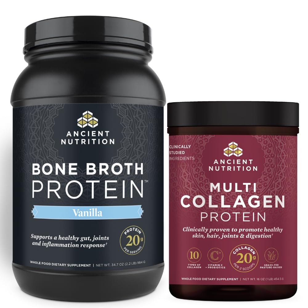 Starověký nutriční kostní protein prášek, vanilka, 40 porcí + vícekolagenový proteinový prášek, bez příchutí, 45 porcí