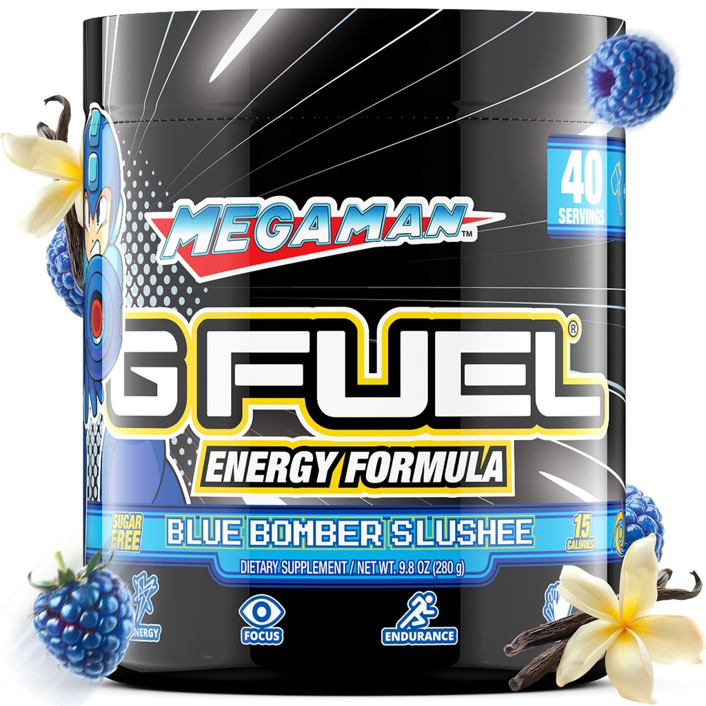 G Fuel Megaman Energy Drink Powder, Pre Workout Caffeine Mix for Gaming, Cukr Free Focus Amino, Vitamin + Antioxidanty, 9.9oz (Blue Slushee, 40 Servings)