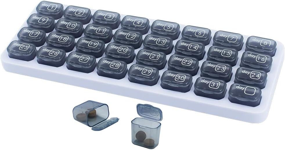 Měsíční Pořadatel pilulek, Velká cestovní Pill Box 31 Day, Denní Pouzdro Pill, Držák pilulky Kontejner na vitamín, Medicína, Dodatek, Rybí olej, Šedá