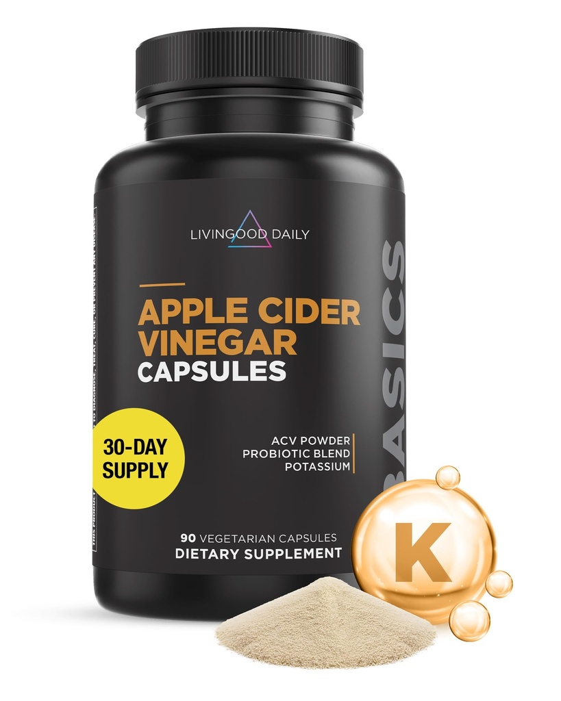 Livingood Daily Apple Cider Ocet Kapsle s matkou (1500mg) - ACV Prášky s probiotika a draslík pro ženy a muže - Podporuje Gut zdraví, stravení, appetit & váha - Vegan, 90 Kapsle