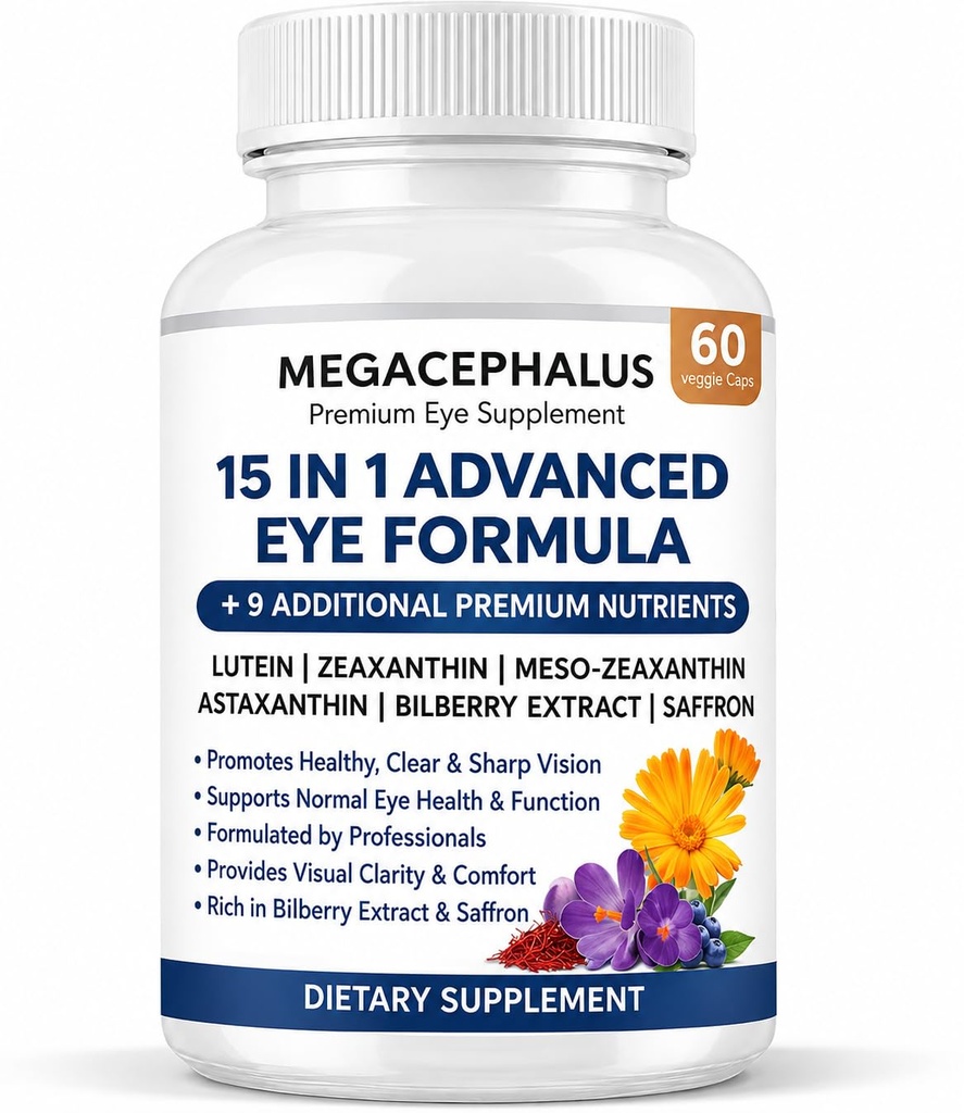 15-in-1 Advanced Eye Formula, Eye Formula with All 3 Carotenoids, Lutein & Zeaxanthin, Bilberry Extract and Saffron, 60 Capsules