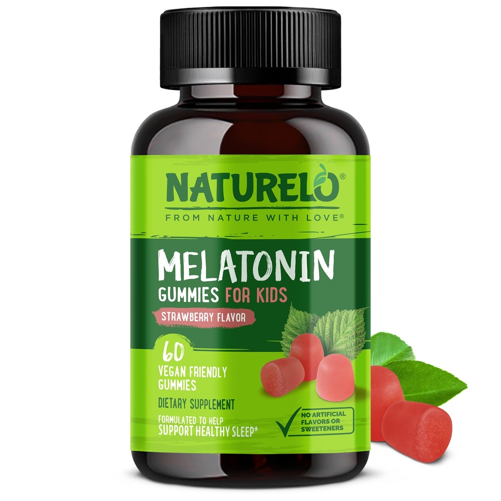 NATURELO Melatoninové gumy pro děti Non- GMO, gluten- Free, Soy Free - Jahodová lahůdka - Gentle Sleep Supplement - 60 Vegetariánské gumy