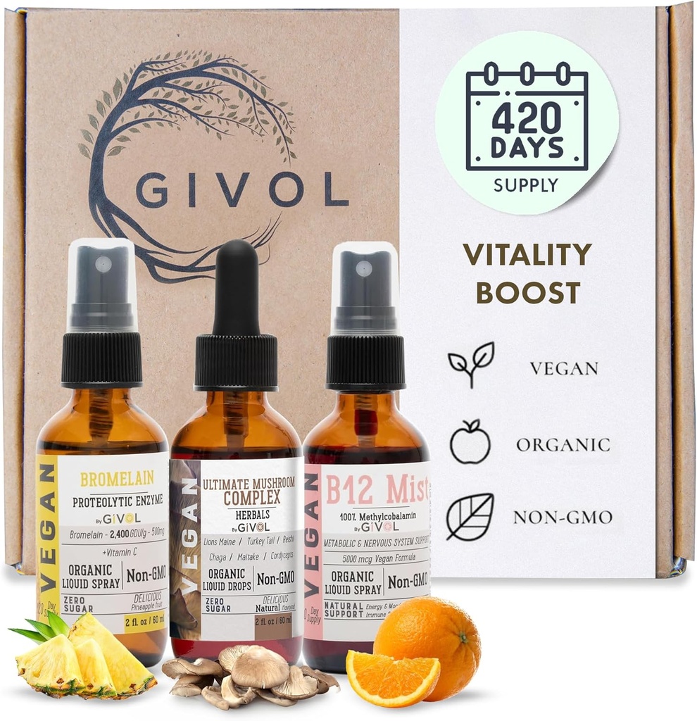 Vitality Boost Bundle Liquid Spray - Ultimate Mushroom Complex, Bromelain, B12 Methylkobalamin - Kompletní multivitamin - Plant- based, Non- GMO, gluten Free, Sugar Free 2 Fl Oz (420 Days Supply)