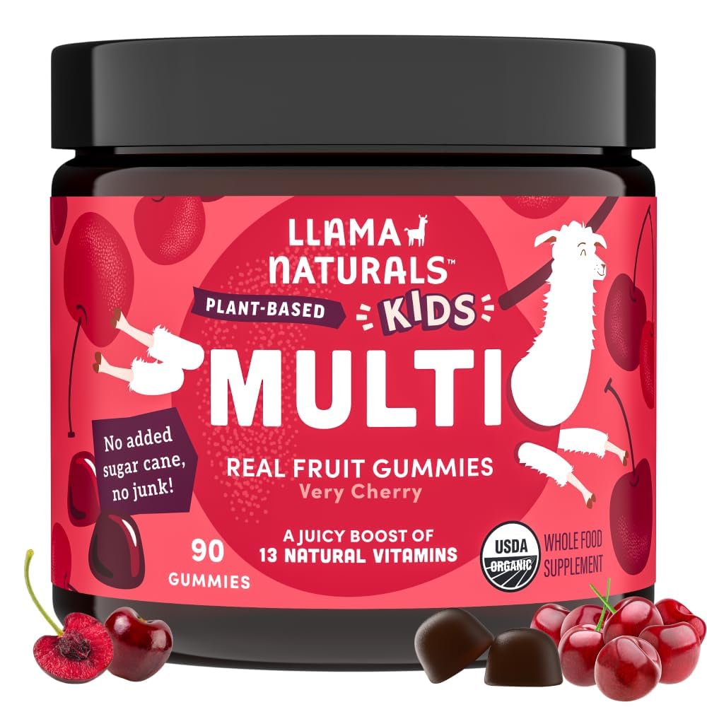 Llama Naturals Děti Multivitamin Gummies, Vegan, Organic with Vitamin D, C & K, Toddler Real Fruit Gummy Vitamíny, Žvýkací dodatek, Celé jídlo Multivitamin, No Added Sugar Cane, Cherry, 90 Ct