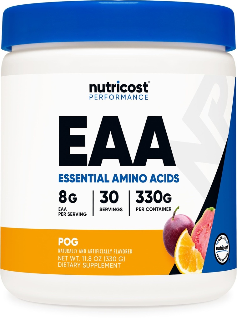 Nutricost EAA Powder 30 Serings - Vášeň ovoce, pomeranč a guava (POG) - esenciální aminokyseliny - Non- GMO, gluten zdarma, Vegetarian Friendly