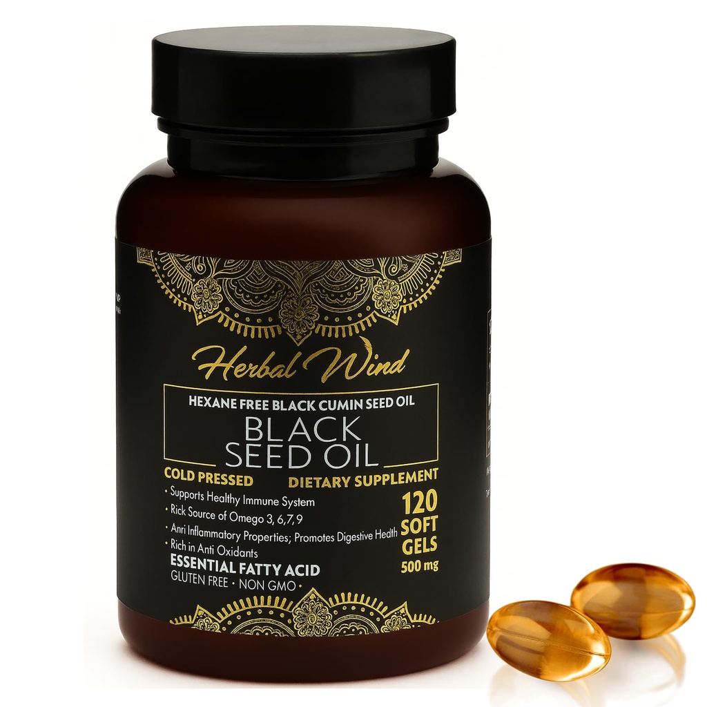 Kapsle Black Seed Oil - Cold Pressed 120 Softgels 500mg, Premium Quality Nigella Sativa, 100% čistý černý Cumin Seed Oil - Non- GMO (120 Počet - Balení 1 plastová láhev)