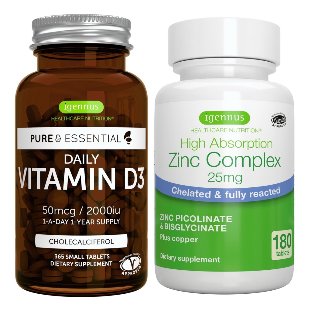 Denní vitamin D3 + Zinkový komplex Vegetariánské Bundle, 365 2000iu Vitamin D3 tablety + 25mg Chelated Zinc Picolinát & Bisglycinát s mědí, od Igennus
