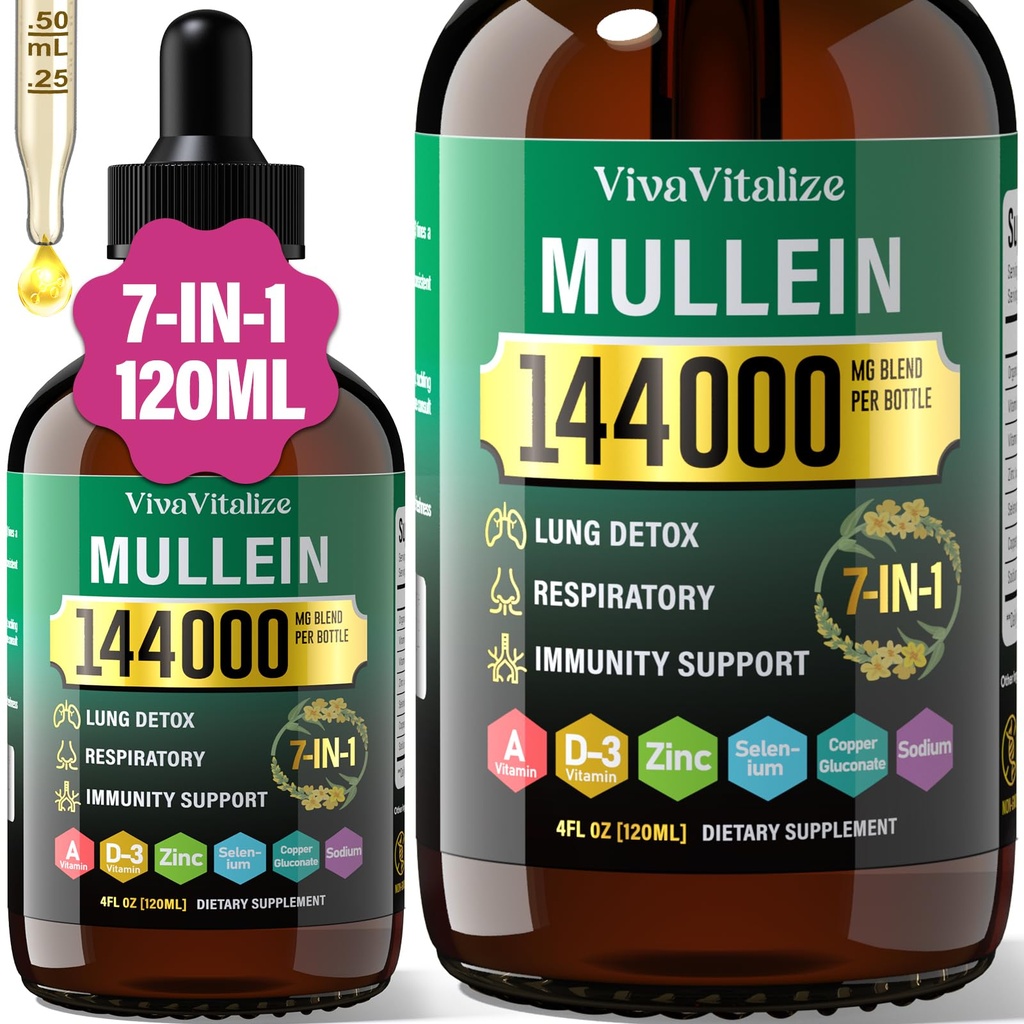 Mullein Drops for Lungs, 144000mg Mullein Leaf Extract for Lungs Cleanse & Respirační funkce Zdravý dýchací imunní, trávicí systém, přírodní bylinný doplněk cukr & Alcohol- Free, 120- Day Supply