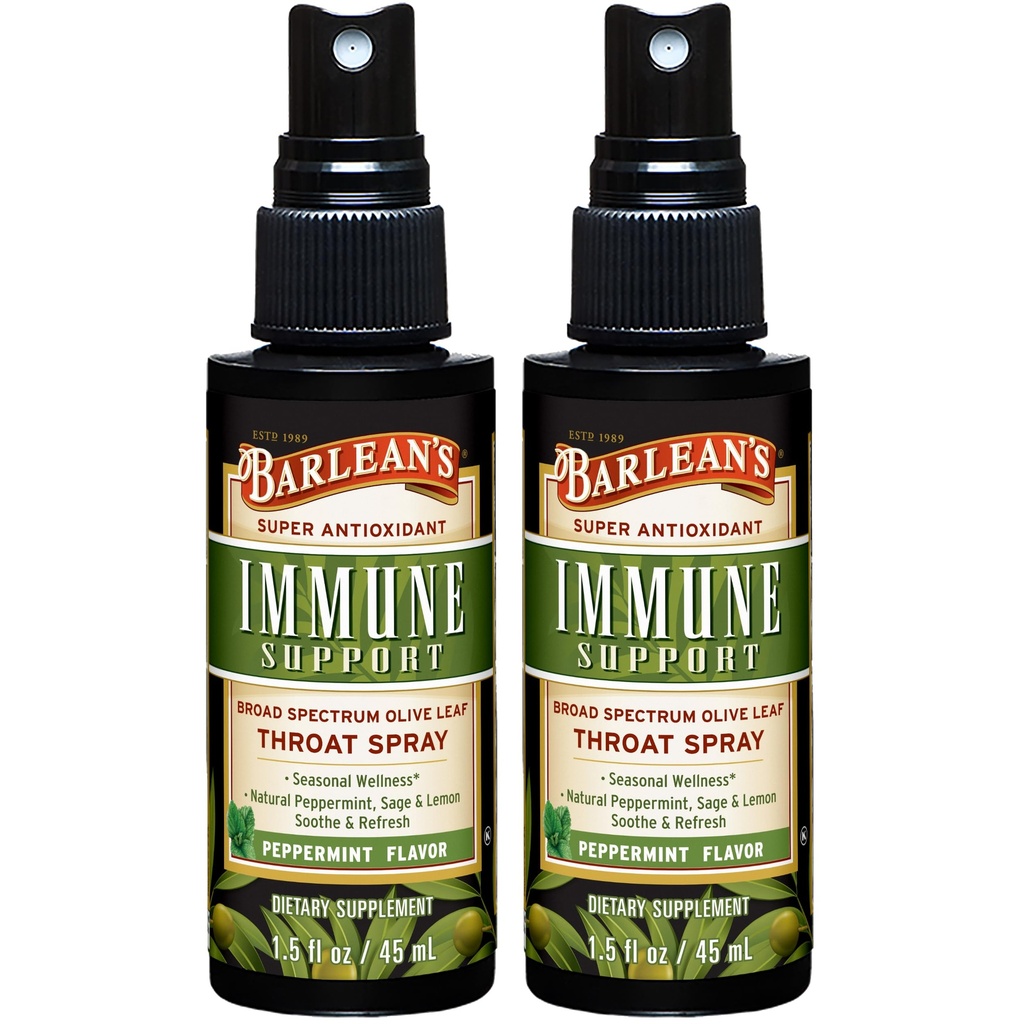 Barleanův 2 balení Olive Leaf Complex Krční sprej s mátou peprnou, citrónem a mušlí pro Itchy Throat Relief, Imunitní Supplement, Tekutý míchaný extrakt, 1,5 oz