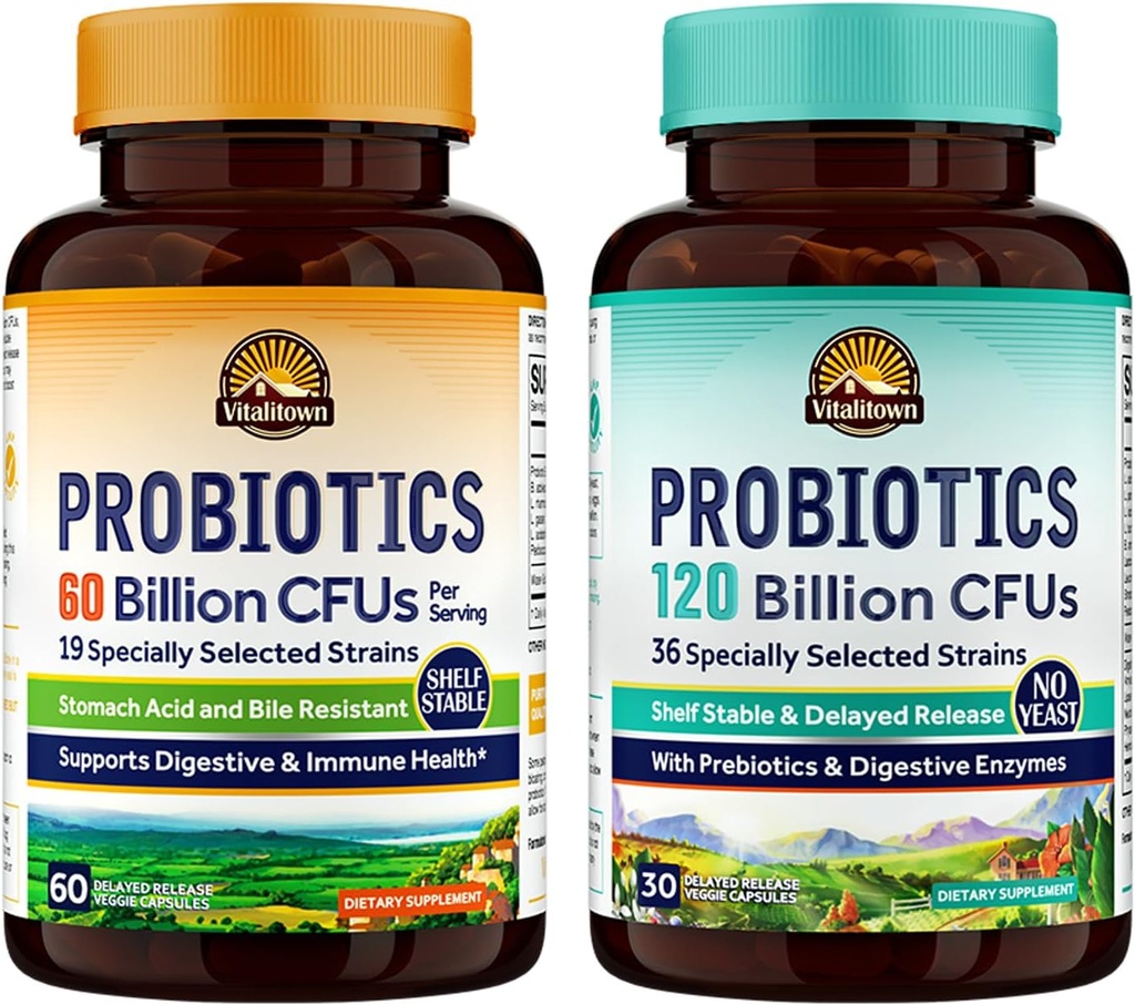 Vitalitown Probiotic Bundle (Pack of 2) Ibrahim 124; Probiotika 60 miliard CFU (Položka 1) a Probiotika 120 miliard CFU (položka 2) Istable Ibrahim 124; Digestive & Imunitary Health Ibrahim 124; 30 denní dodávka každý