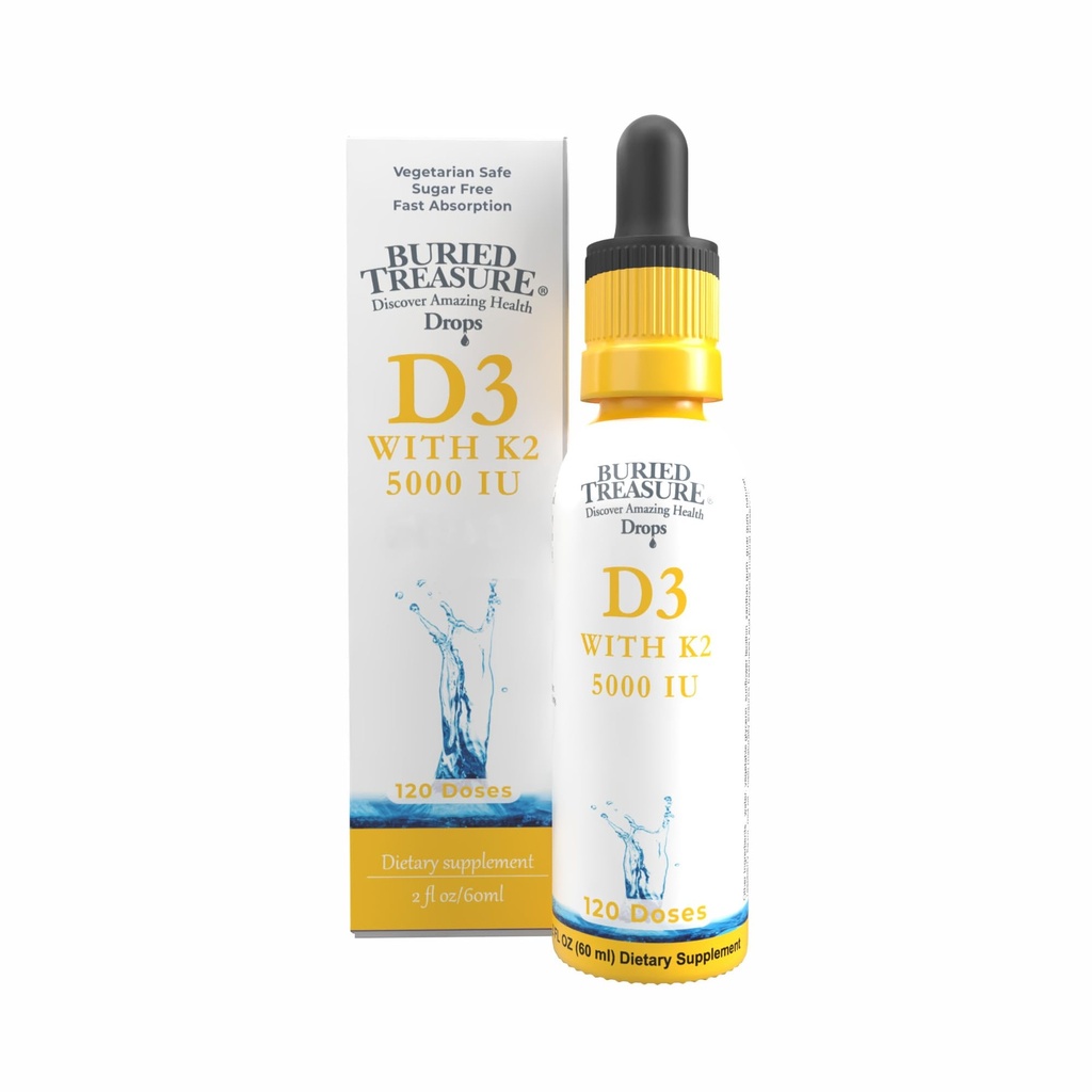Pohřbený poklad Vitamin D3 & K2 Kapky - 5000 IU D3 se 100 mcg K2 pro kosti, srdce a imunitní podpora, Cukr zdarma, 2 fl oz