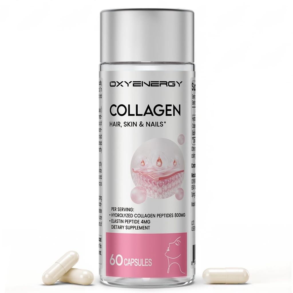 OxyEnergy Collagen Peptides Kapsle pro ženy, 800mg Hydrolyzované kolagen (Typy I) Doplňky s Elastin Peptides, 60 Kolagen pilulky na promotes vlasy, hřebík, kůže, Colágeno en Capsulas