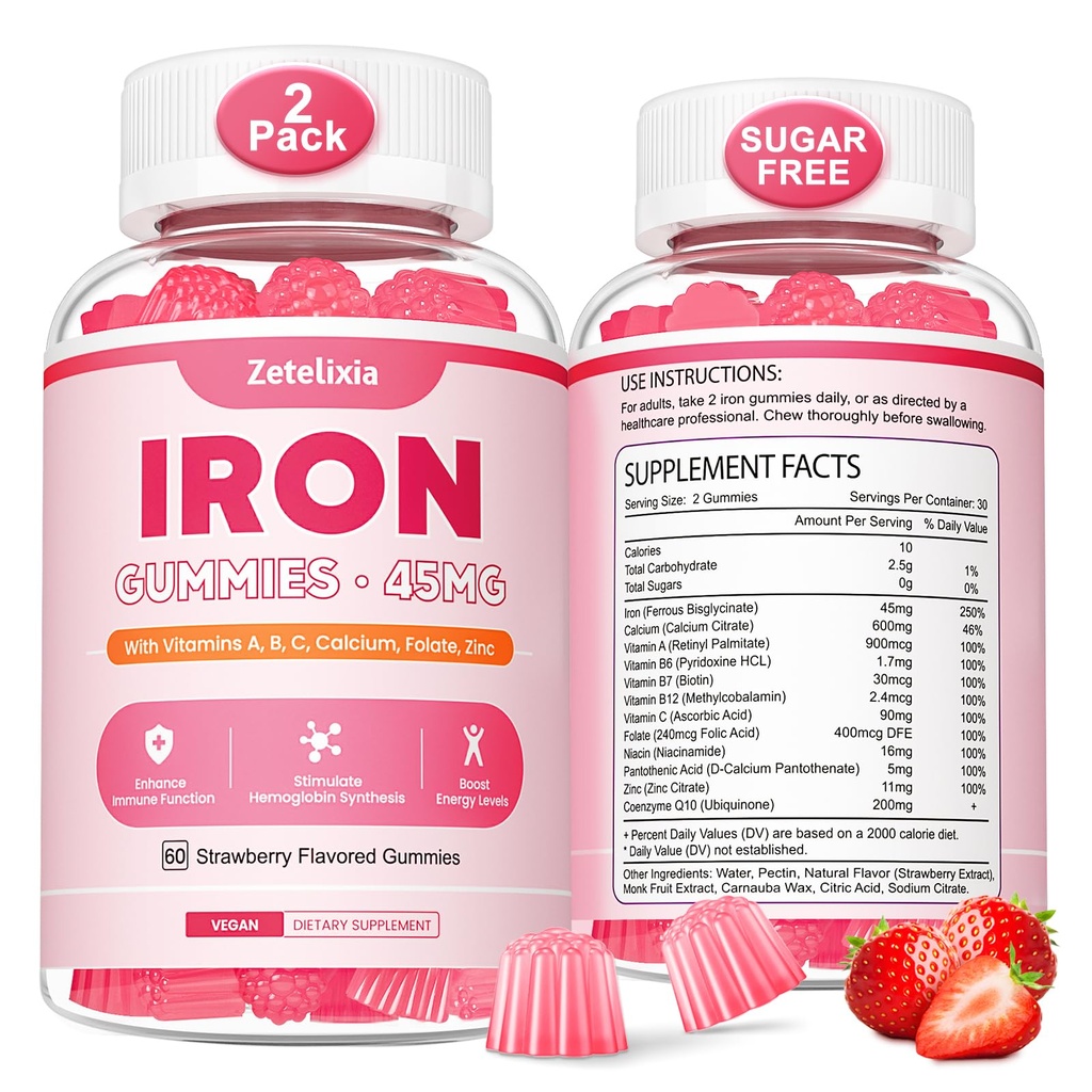 Vegan 2 Pack Iron Supplement Gummies pro ženy a muže, anémie, Krevní stavitel & Energy Support for Iron Deficiency, s vitamínem C, A, B Complex, Folát, CoQ10, Cukr zdarma, Non- GMO, 120 Počet