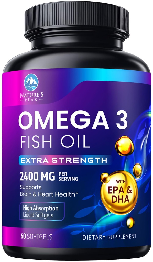 Omega 3 Rybí olej 2400 mg dodatek, Udržitelně sourced, Triple Strengless Omega33 Dodatek Softgels, Brain Health Support, EPA & DHA Fish Oil Fatty Acids doplňky, Lepek & GMO zdarma, 60 Softgels