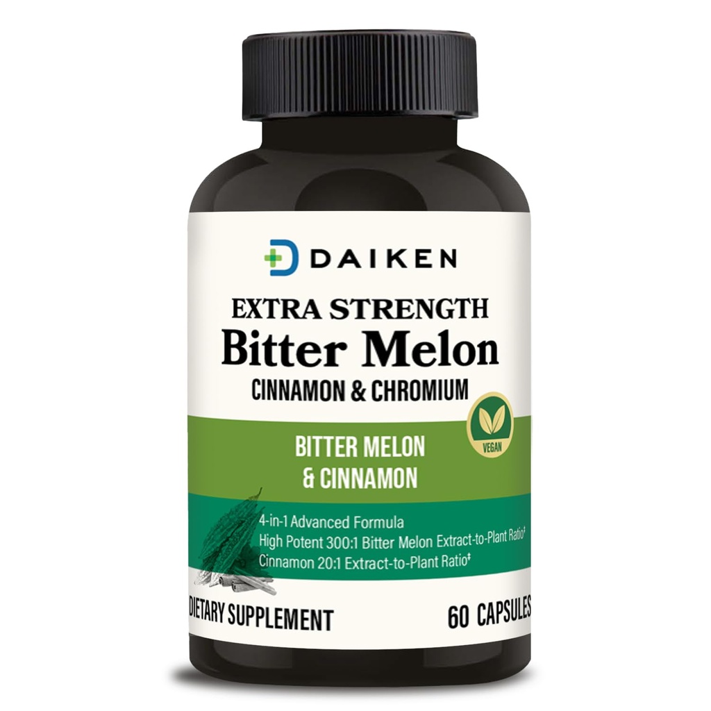 DAIKEN Bitter Melon, Skořice & Chromium, 90 000 mg Ekvivalentní Per Serving Extra Strength, 100% Vegetarian Bitter Melon Kapsle s Cinnamon Chromium & Zinek, 60 Kapsle