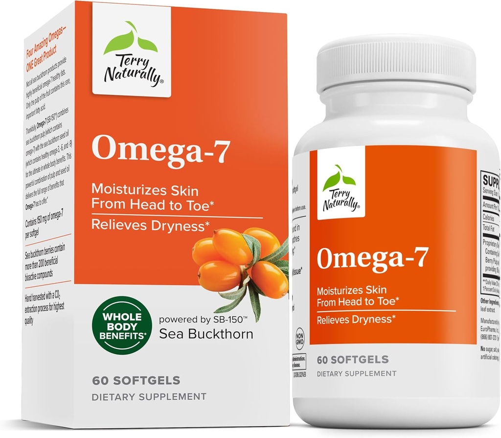 Terry Přirozeně Omega-7 - Dietní dodatek s esenciální mastné kyseliny - Nutriční dodatek k podpoře zdraví pokožky s mořským Buckthornem, Berry Pulp & Seed Oil - 60 Softgels (Balení po 2)