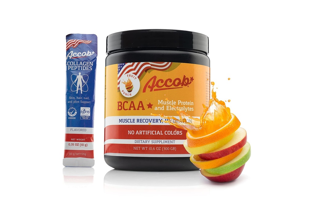 BCAA Powder Fruit Punch- Pre nebo Post cvičení, Muscle Recovery Drink s aminokyselinami + Electrolytes, 7,2g BCCA pro muže a ženy - 30 Servings + 10g kolagen Peptides