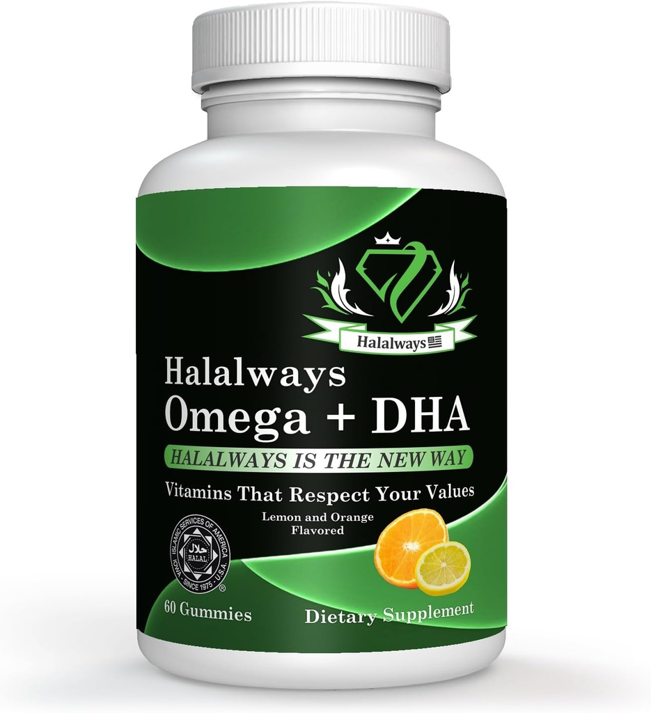 Halalways Omega + DHA Gummies - Triple Strength Omega 3 Fish Oil Gummy Vitamíny s DHA Fatty Acids, Nature 's Heart Health, Orange & Lemon Flavor Certified Halol Dodatek